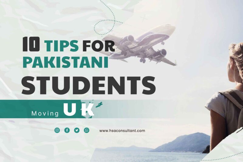 A female student carrying a backpack, watching the plane flying over the head. A title is written in bold "10 tips for pakistani students moving uk"
