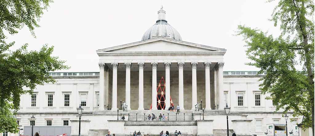 Majestic University College London Main entrance building with 10 pillars and a dome in background