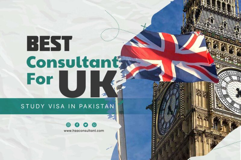 A close up picture of Big Ben , the clock tower of UK. Where as Uk flag is waving at the front . A text is writen on an overlay. text is " Best consultant for Uk study visa in Pakistan"
