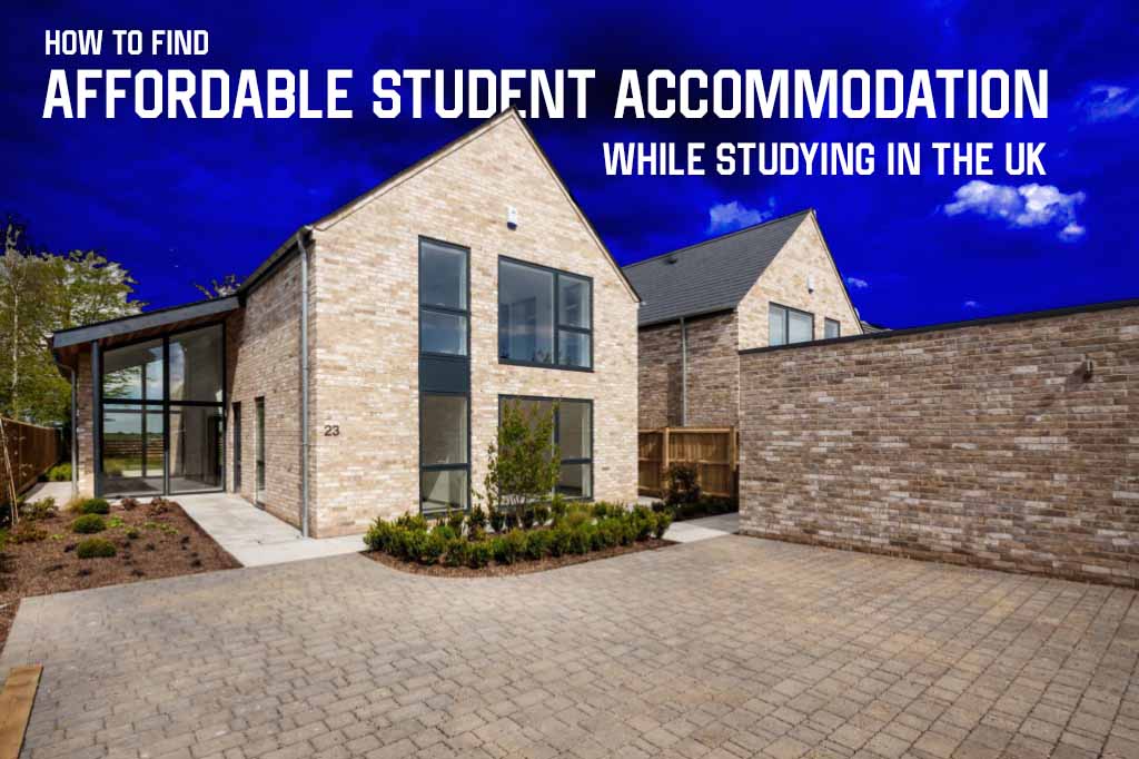 Two modern huts with dark blue sky in Background. how to find affordable student accommodation while studying in the uk is written on that sky.